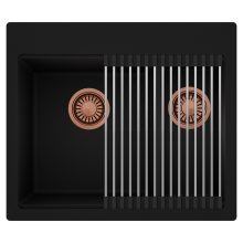 HD Aspen Black 58 kétmedencés gránit mosogatótálca szett, acél csepegtetőráccsal, matt fekete színben, szálcsiszolt réz leeresztő szifonnal