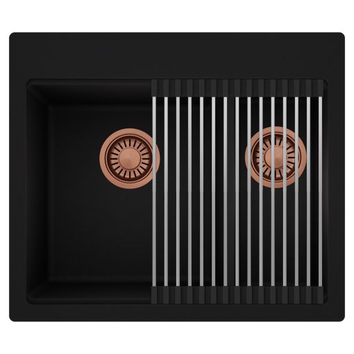 HD Aspen Black 58 kétmedencés gránit mosogatótálca szett, acél csepegtetőráccsal, matt fekete színben, szálcsiszolt réz leeresztő szifonnal