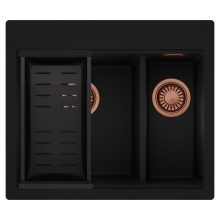 HD Aspen Black 58 kétmedencés gránit mosogatótálca szett, matt fekete csepegtetőkosárral, matt fekete színben, szálcsiszolt réz leeresztő szifonnal