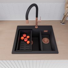 HD Aspen Black 58 kétmedencés gránit mosogatótálca szett, matt fekete csepegtetőkosárral, matt fekete színben, szálcsiszolt réz leeresztő szifonnal