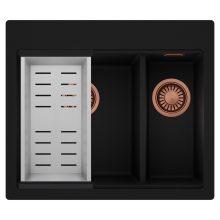 HD Aspen Black 58 kétmedencés gránit mosogatótálca szett, acél csepegtetőkosárral, matt fekete színben, szálcsiszolt réz leeresztő szifonnal