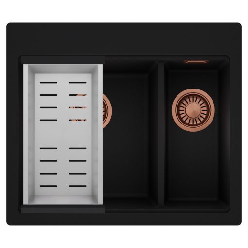 HD Aspen Black 58 kétmedencés gránit mosogatótálca szett, acél csepegtetőkosárral, matt fekete színben, szálcsiszolt réz leeresztő szifonnal