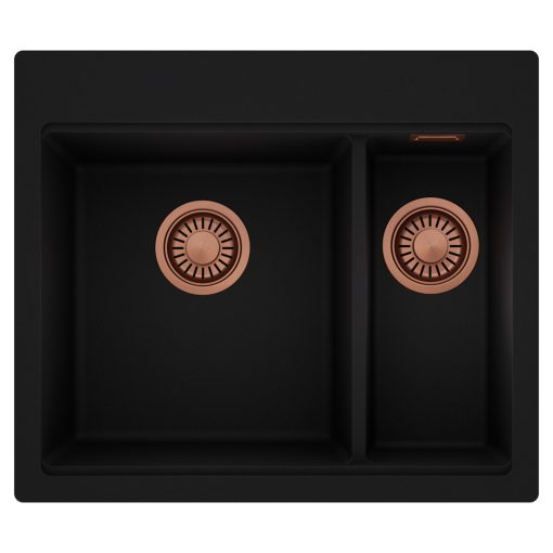 HD Aspen Black 58 kétmedencés gránit mosogatótálca, matt fekete színben, szálcsiszolt réz leeresztő szifonnal