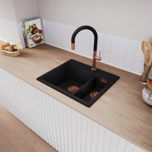 HD Aspen Black 58 kétmedencés gránit mosogatótálca, matt fekete színben, szálcsiszolt réz leeresztő szifonnal