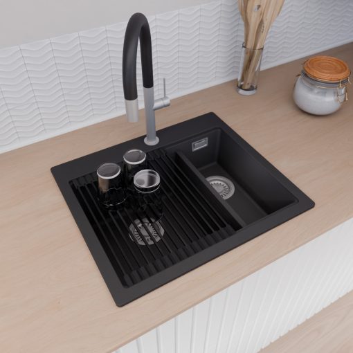 HD Aspen Black 58 kétmedencés gránit mosogatótálca szett, matt fekete csepegtetőráccsal és krómozott kosárral, matt fekete színben