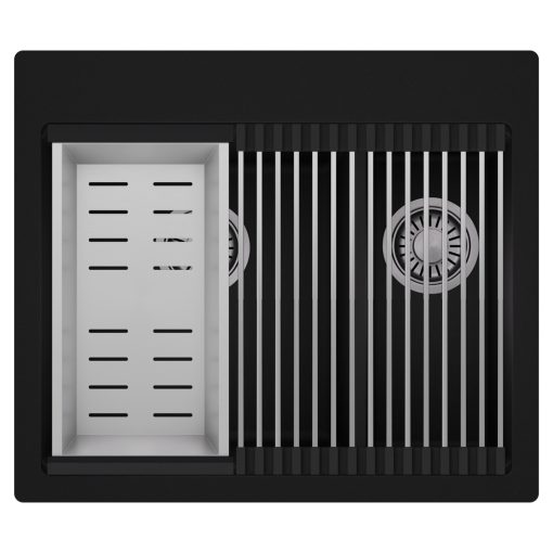 HD Aspen Black 58 kétmedencés gránit mosogatótálca szett, acél csepegtetőráccsal és kosárral, matt fekete színben