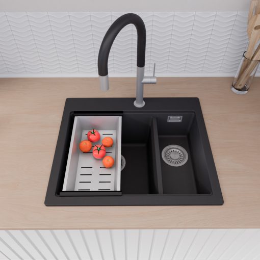 HD Aspen Black 58 kétmedencés gránit mosogatótálca szett, vágódeszkával, matt fekete csepegtetőráccsal és krómozott kosárral, matt fekete színben