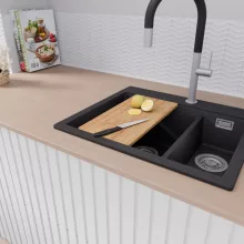 HD Aspen Black 58 kétmedencés gránit mosogatótálca, vágódeszkával, matt fekete színben