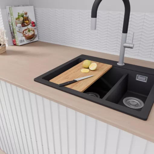HD Aspen Black 58 kétmedencés gránit mosogatótálca, vágódeszkával, matt fekete színben