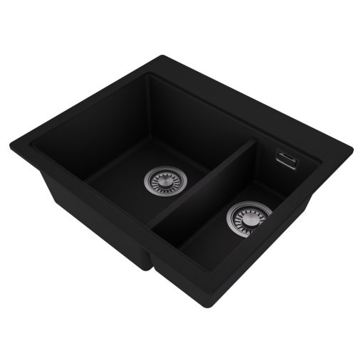 HD Aspen Black 58 kétmedencés gránit mosogatótálca, vágódeszkával, matt fekete színben