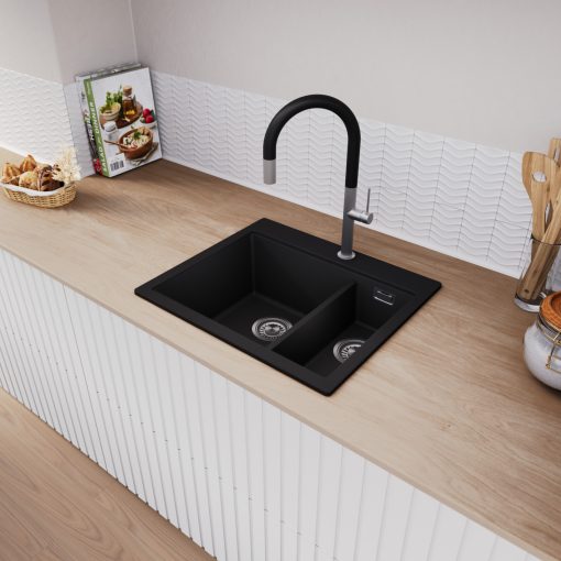 HD Aspen Black 58 kétmedencés gránit mosogatótálca, vágódeszkával, matt fekete színben