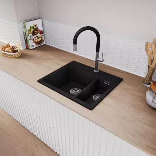 HD Aspen Black 58 kétmedencés gránit mosogatótálca, vágódeszkával, matt fekete színben