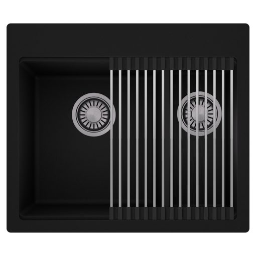 HD Aspen Black 58 kétmedencés gránit mosogatótálca szett, acél csepegtetőráccsal, matt fekete színben