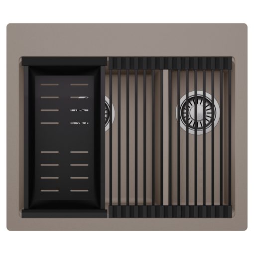 HD Aspen Tortora 58 kétmedencés gránit mosogatótálca szett, matt fekete csepegtetőráccsal és kosárral, tortora színben, szálcsiszolt króm leeresztő szifonnal