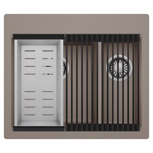 HD Aspen Tortora 58 kétmedencés gránit mosogatótálca szett, matt fekete csepegtetőráccsal és krómozott kosárral, tortora színben, szálcsiszolt króm leeresztő szifonnal