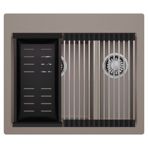 HD Aspen Tortora 58 kétmedencés gránit mosogatótálca szett, acél csepegtetőráccsal és matt fekete kosárral, tortora színben, szálcsiszolt króm leeresztő szifonnal