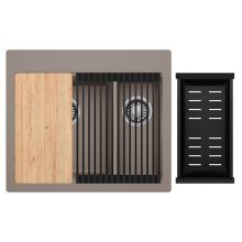 HD Aspen Tortora 58 kétmedencés gránit mosogatótálca szett, vágódeszkával, matt fekete csepegtetőráccsal és kosárral, tortora színben, szálcsiszolt króm leeresztő szifonnal