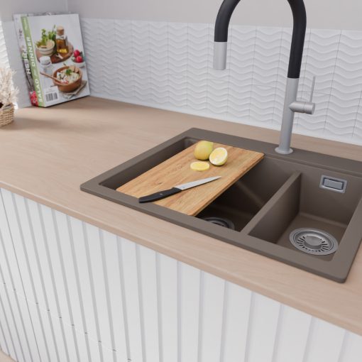 HD Aspen Tortora 58 kétmedencés gránit mosogatótálca szett, vágódeszkával, matt fekete csepegtetőráccsal és kosárral, tortora színben, szálcsiszolt króm leeresztő szifonnal