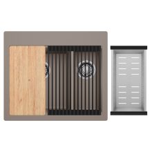 HD Aspen Tortora 58 kétmedencés gránit mosogatótálca szett, vágódeszkával, matt fekete csepegtetőráccsal és krómozott kosárral, tortora színben, szálcsiszolt króm leeresztő szifonnal