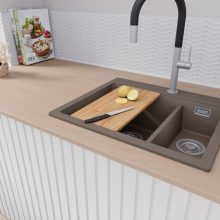 HD Aspen Tortora 58 kétmedencés gránit mosogatótálca szett, vágódeszkával, matt fekete csepegtetőráccsal, tortora színben, szálcsiszolt króm leeresztő szifonnal