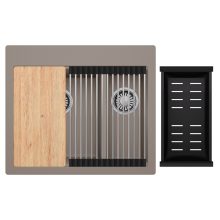 HD Aspen Tortora 58 kétmedencés gránit mosogatótálca szett, vágódeszkával, acél csepegtetőráccsal és matt fekete kosárral, tortora színben, szálcsiszolt króm leeresztő szifonnal