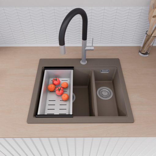 HD Aspen Tortora 58 kétmedencés gránit mosogatótálca szett, vágódeszkával, acél csepegtetőráccsal és kosárral, tortora színben, szálcsiszolt króm leeresztő szifonnal