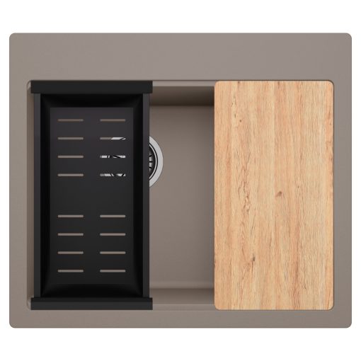 HD Aspen Tortora 58 kétmedencés gránit mosogatótálca szett, vágódeszkával, matt fekete csepegtetőkosárral, tortora színben, szálcsiszolt króm leeresztő szifonnal