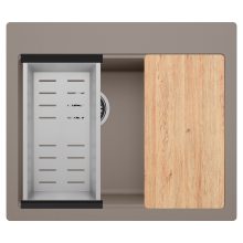 HD Aspen Tortora 58 kétmedencés gránit mosogatótálca szett, vágódeszkával, acél csepegtetőkosárral, tortora színben, szálcsiszolt króm leeresztő szifonnal