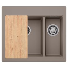 HD Aspen Tortora 58 kétmedencés gránit mosogatótálca, vágódeszkával, tortora színben, szálcsiszolt króm leeresztő szifonnal