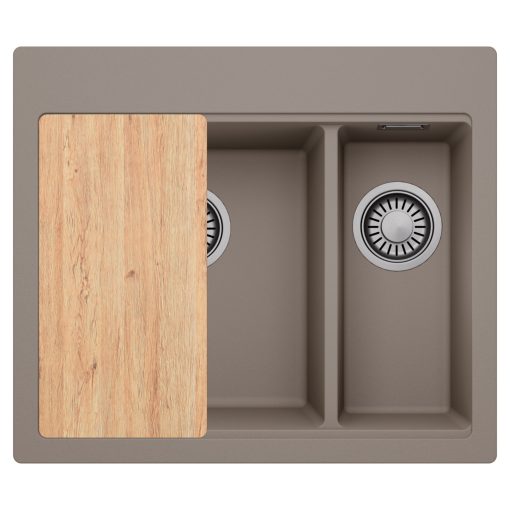HD Aspen Tortora 58 kétmedencés gránit mosogatótálca, vágódeszkával, tortora színben, szálcsiszolt króm leeresztő szifonnal