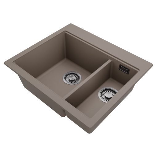 HD Aspen Tortora 58 kétmedencés gránit mosogatótálca, vágódeszkával, tortora színben, szálcsiszolt króm leeresztő szifonnal