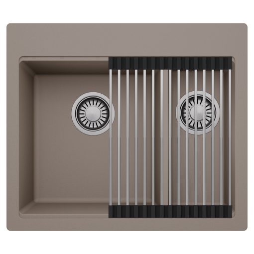 HD Aspen Tortora 58 kétmedencés gránit mosogatótálca szett, acél csepegtetőráccsal, tortora színben, szálcsiszolt króm leeresztő szifonnal