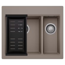 HD Aspen Tortora 58 kétmedencés gránit mosogatótálca szett, matt fekete csepegtetőkosárral, tortora színben, szálcsiszolt króm leeresztő szifonnal