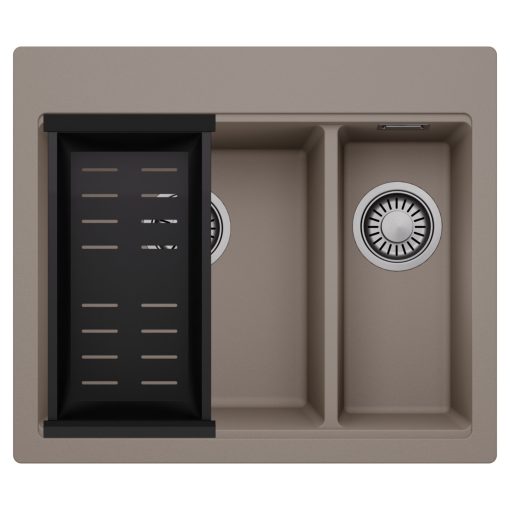 HD Aspen Tortora 58 kétmedencés gránit mosogatótálca szett, matt fekete csepegtetőkosárral, tortora színben, szálcsiszolt króm leeresztő szifonnal