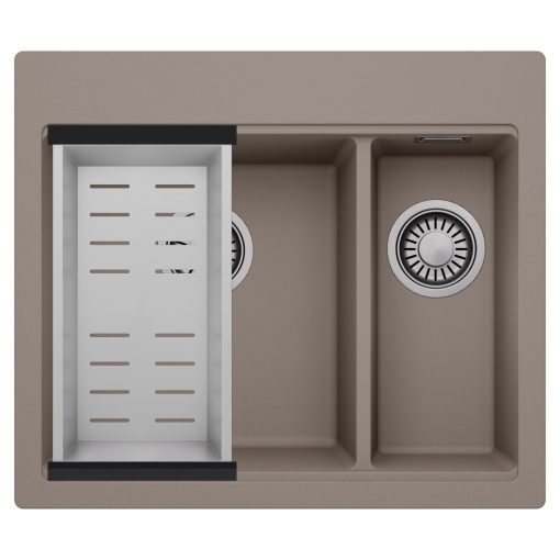 HD Aspen Tortora 58 kétmedencés gránit mosogatótálca szett, acél csepegtetőkosárral, tortora színben, szálcsiszolt króm leeresztő szifonnal