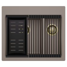 HD Aspen Tortora 58 kétmedencés gránit mosogatótálca szett, matt fekete csepegtetőráccsal és kosárral, tortora színben, szálcsiszolt arany leeresztő szifonnal