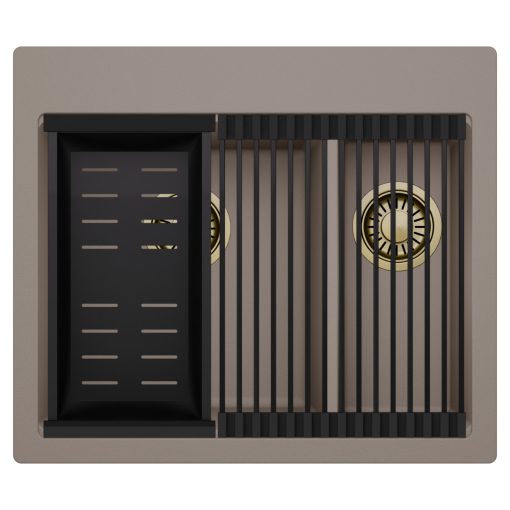 HD Aspen Tortora 58 kétmedencés gránit mosogatótálca szett, matt fekete csepegtetőráccsal és kosárral, tortora színben, szálcsiszolt arany leeresztő szifonnal