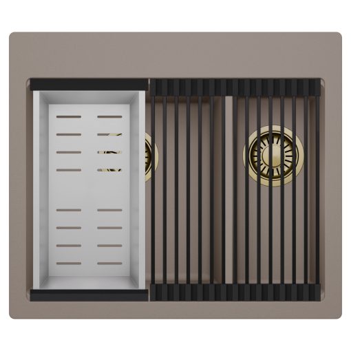 HD Aspen Tortora 58 kétmedencés gránit mosogatótálca szett, matt fekete csepegtetőráccsal és krómozott kosárral, tortora színben, szálcsiszolt arany leeresztő szifonnal