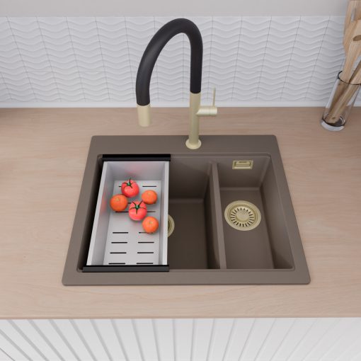 HD Aspen Tortora 58 kétmedencés gránit mosogatótálca szett, matt fekete csepegtetőráccsal és krómozott kosárral, tortora színben, szálcsiszolt arany leeresztő szifonnal