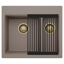 HD Aspen Tortora 58 kétmedencés gránit mosogatótálca szett, matt fekete csepegtetőráccsal, tortora színben, szálcsiszolt arany leeresztő szifonnal