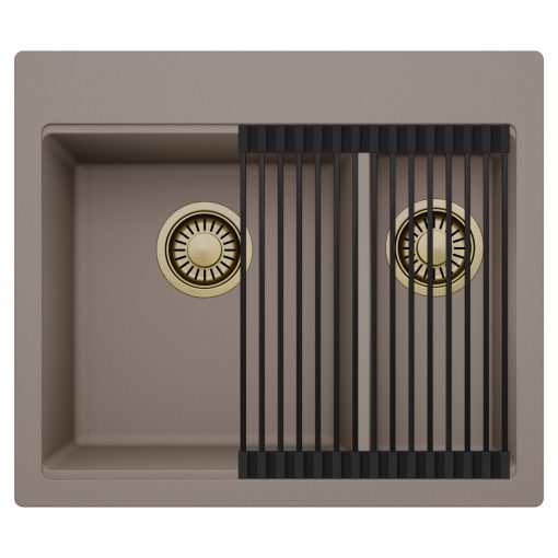 HD Aspen Tortora 58 kétmedencés gránit mosogatótálca szett, matt fekete csepegtetőráccsal, tortora színben, szálcsiszolt arany leeresztő szifonnal
