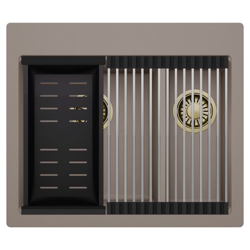 HD Aspen Tortora 58 kétmedencés gránit mosogatótálca szett, acél csepegtetőráccsal és matt fekete kosárral, tortora színben, szálcsiszolt arany leeresztő szifonnal