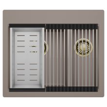 HD Aspen Tortora 58 kétmedencés gránit mosogatótálca szett, acél csepegtetőráccsal és kosárral, tortora színben, szálcsiszolt arany leeresztő szifonnal