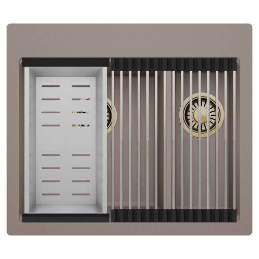 HD Aspen Tortora 58 kétmedencés gránit mosogatótálca szett, acél csepegtetőráccsal és kosárral, tortora színben, szálcsiszolt arany leeresztő szifonnal