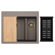 HD Aspen Tortora 58 kétmedencés gránit mosogatótálca szett, vágódeszkával, matt fekete csepegtetőráccsal és kosárral, tortora színben, szálcsiszolt arany leeresztő szifonnal