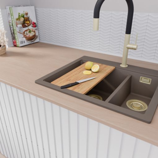 HD Aspen Tortora 58 kétmedencés gránit mosogatótálca szett, vágódeszkával, matt fekete csepegtetőráccsal és kosárral, tortora színben, szálcsiszolt arany leeresztő szifonnal