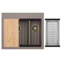 HD Aspen Tortora 58 kétmedencés gránit mosogatótálca szett, vágódeszkával, matt fekete csepegtetőráccsal és krómozott kosárral, tortora színben, szálcsiszolt arany leeresztő szifonnal