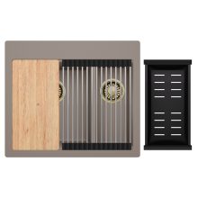 HD Aspen Tortora 58 kétmedencés gránit mosogatótálca szett, vágódeszkával, acél csepegtetőráccsal és matt fekete kosárral, tortora színben, szálcsiszolt arany leeresztő szifonnal