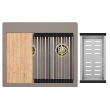 HD Aspen Tortora 58 kétmedencés gránit mosogatótálca szett, vágódeszkával, acél csepegtetőráccsal és kosárral, tortora színben, szálcsiszolt arany leeresztő szifonnal