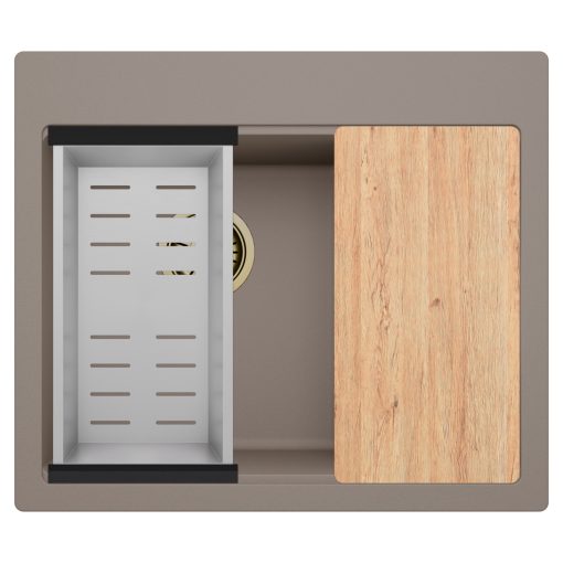 HD Aspen Tortora 58 kétmedencés gránit mosogatótálca szett, vágódeszkával, acél csepegtetőkosárral, tortora színben, szálcsiszolt arany leeresztő szifonnal